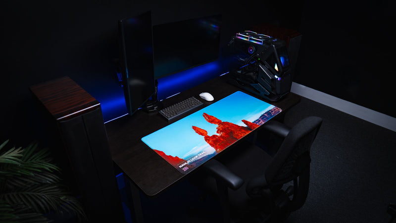 Navajo Loop Trail deskmat displayed in a premium gaming workstation, featuring Bryce Canyon National Park's iconic Thor's Hammer hoodoo, vivid HD photography, and premium stitched edges.