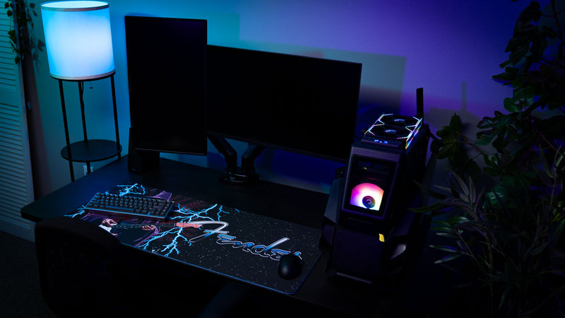 Fender Electric Spellcaster desk mat featuring a purple wizard shredding an electric guitar under blue lightning