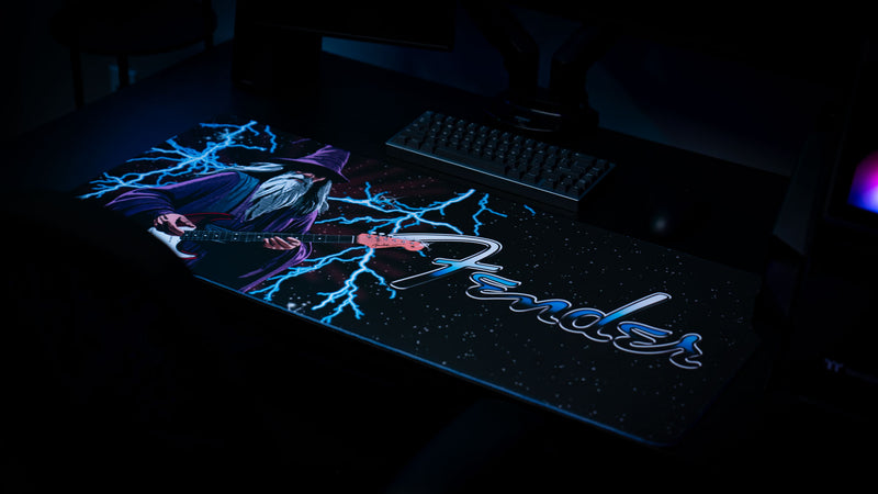 Detailed view of the Fender Electric Spellcaster wizard, electric guitar, and lightning illustration