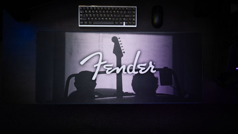 Full desk view of the Fender Family Night Out 1954 desk mat with nostalgic black-and-white artwork