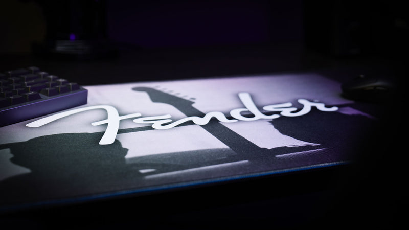 Close view showing the classic Fender logo and vintage-inspired photographic texture