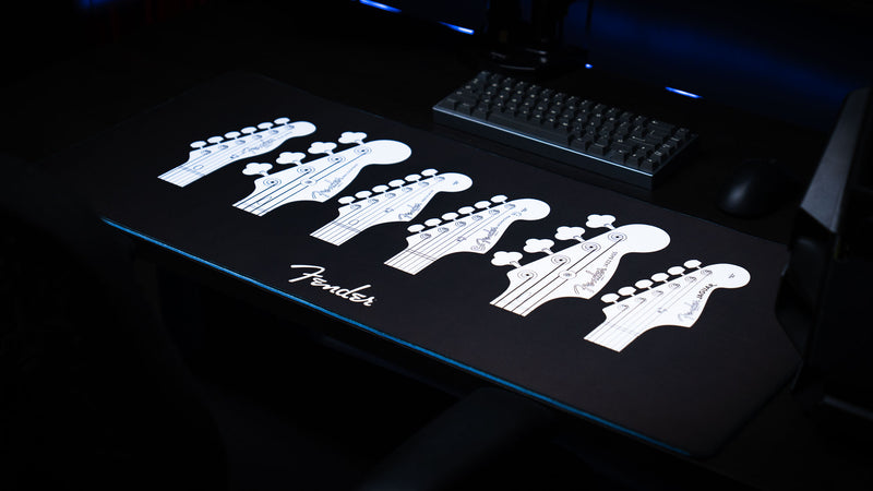 Fender Headstocks desk mat view emphasizing the minimalist monochrome artwork
