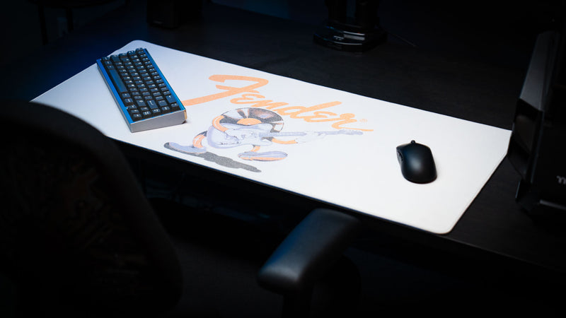 Wide view of the Fender Recording Machine desk mat showing its minimalist retro music artwork