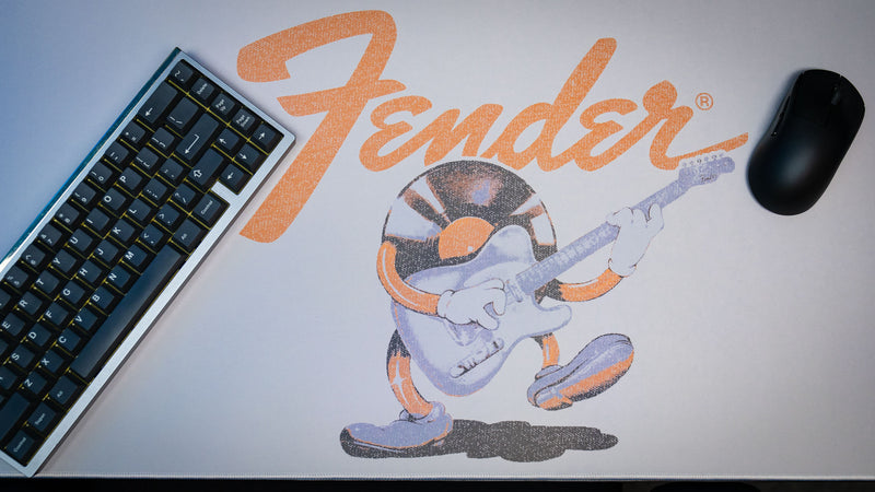 Full-width Fender Recording Machine desk mat showing its warm cream palette and distressed print texture