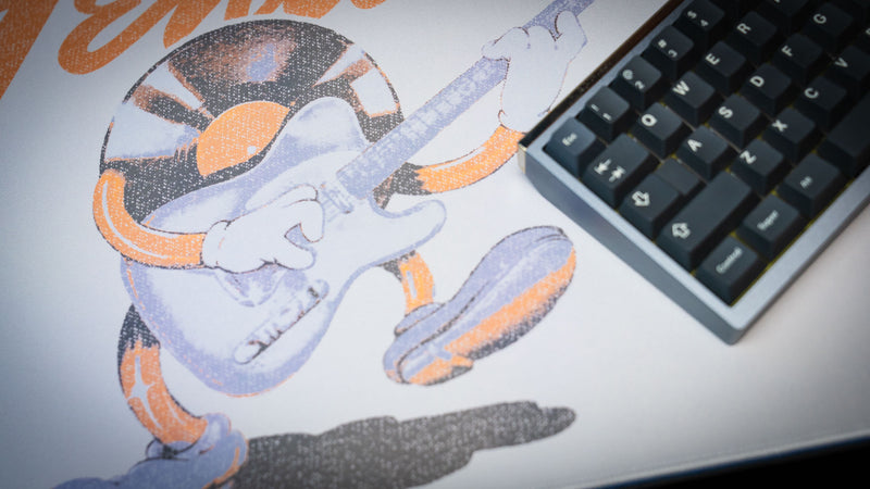 Detailed view of the Fender Recording Machine guitar character and branding