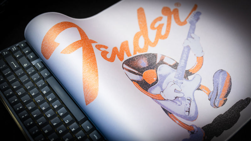 Fender Recording Machine XXL desk mat emphasizing its light cream background and classic styling