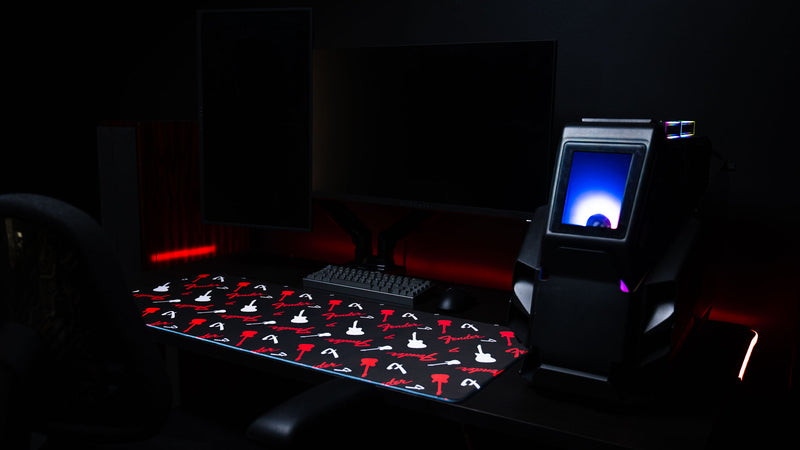 Detailed view of the repeating Fender graphics across the extended desk mat surface