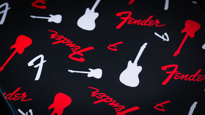 Fender Repeat XXL desk mat emphasizing its vivid red pattern and dark background