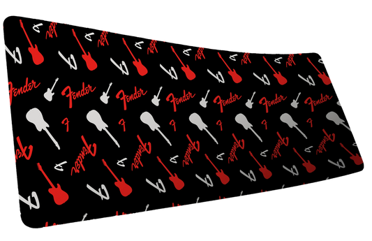 Fender Repeat XXL desk mat with a bold red-and-black repeating Fender pattern