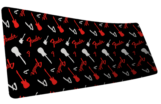 Fender Repeat XXL desk mat with a bold red-and-black repeating Fender pattern
