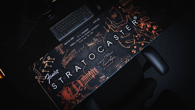 Detailed view of Stratocaster body, tremolo, and hardware diagrams in copper on black