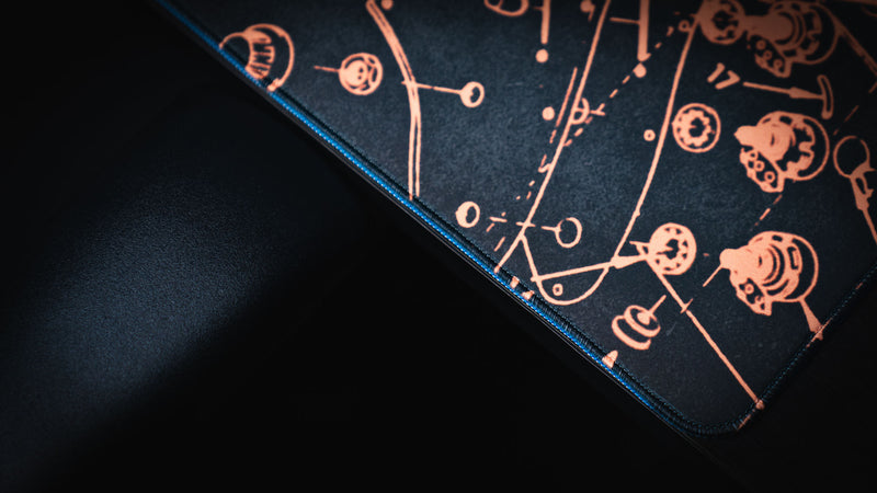 Gold Fender Stratocaster Blueprint desk mat with refined engineering-style artwork