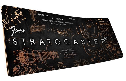 Fender Stratocaster Blueprint Gold XXL desk mat with copper guitar schematics on black