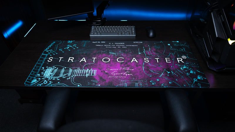 Purple Fender Stratocaster Blueprint desk mat with technical artwork across an extended mouse surface