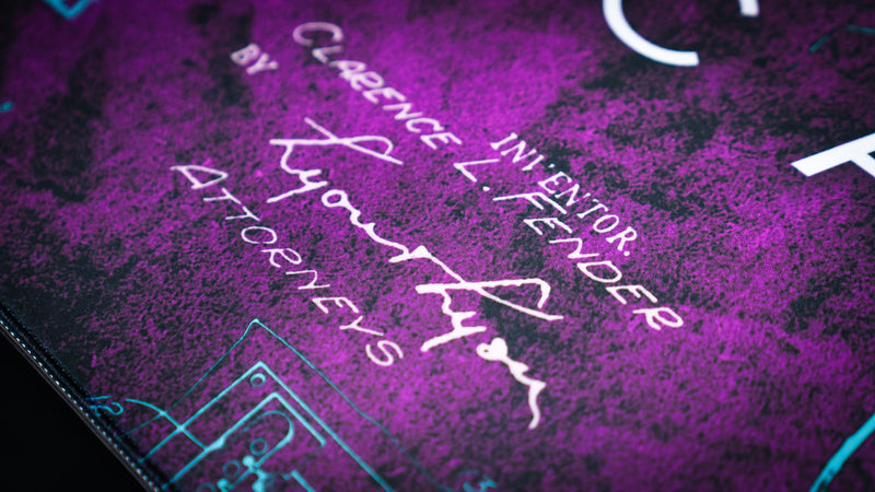 Fender Stratocaster Blueprint Purple XXL desk mat emphasizing crisp patent-style diagrams