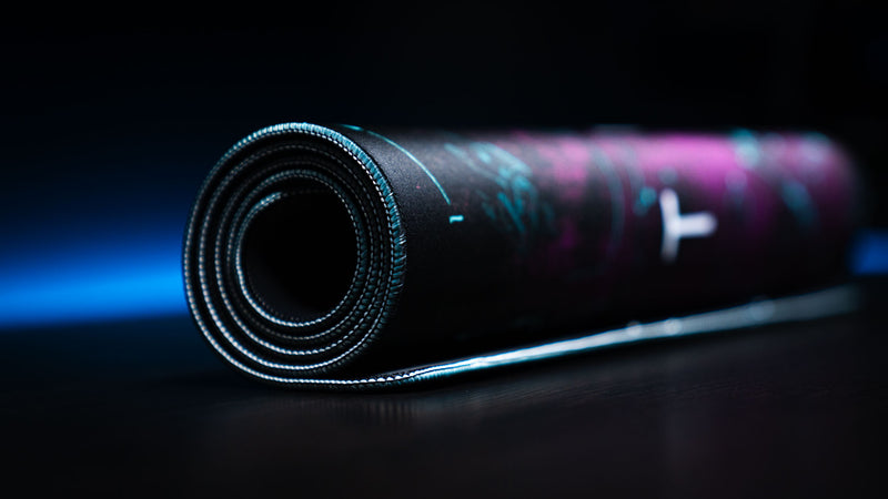 Purple Fender Stratocaster Blueprint desk mat featuring cyan engineering linework and classic guitar design