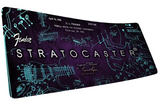 Fender Stratocaster Blueprint Purple XXL desk mat with cyan guitar schematics on deep purple