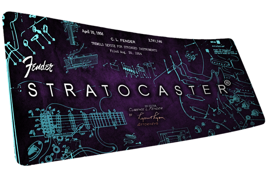 Fender Stratocaster Blueprint Purple XXL desk mat with cyan guitar schematics on deep purple