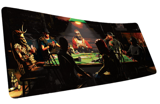 Sleight of Hand Rust gaming deskmat featuring survivors playing poker in a dimly lit cabin with detailed post-apocalyptic artwork and premium print quality.