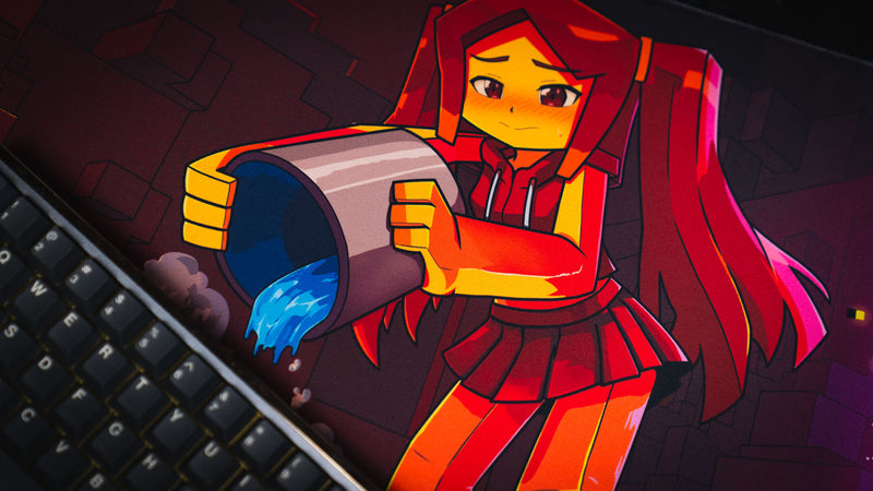 Close-up of Phoenix Chan pouring blue liquid from a bucket in the PhoenixSC deskmat artwork