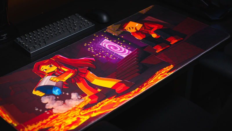 Angled full view of the PhoenixSC Phoenix Chan deskmat beside a keyboard on a dark desk
