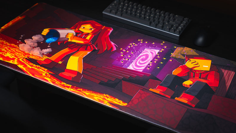PhoenixSC deskmat with Phoenix Chan, a purple portal, and a red-hooded character below a keyboard