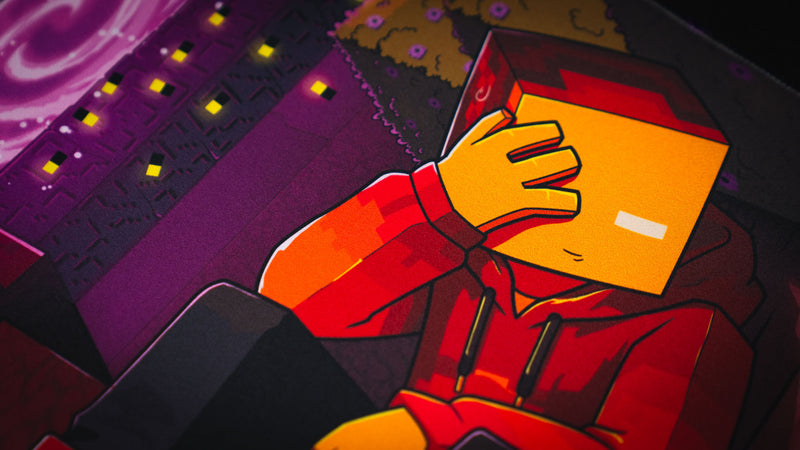 Close-up of the red-hooded character beside the glowing purple portal on the PhoenixSC deskmat