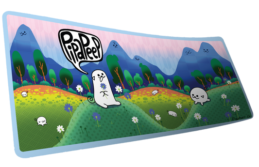 Pipapeep A Scene in Pipaland! deskmat mockup with playful white characters, green hills, daisies, and blue mountains.