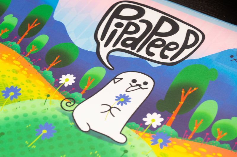 Detail of a white Pipaland character holding a flower beneath the Pippa Peep logo on the deskmat.