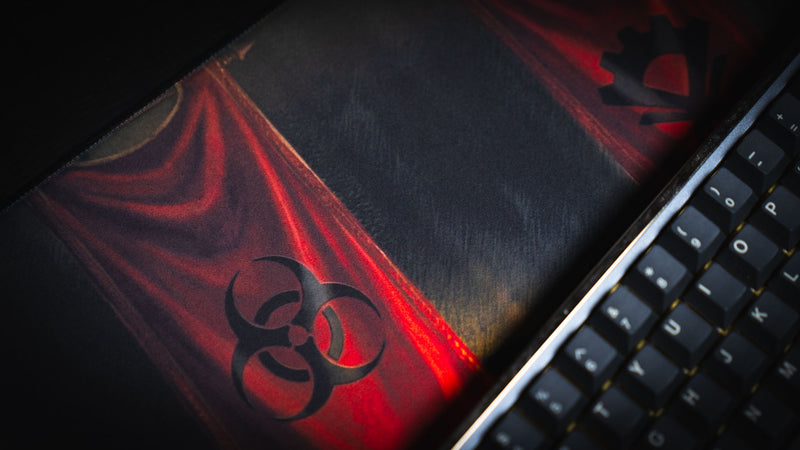 Close-up of the Pravus Crimson Convocation deskmat featuring crimson cathedral banners with dark faction symbols beside a mechanical keyboard and premium stitched edge.