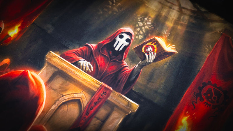 Close-up of the Pravus Crimson Convocation deskmat highlighting the masked cult leader holding an illuminated book while addressing followers beneath dramatic cathedral light.