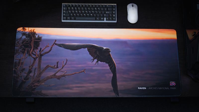 Full desktop view of the Raven America 250 deskmat featuring a raven in flight over Arches National Park canyon scenery with keyboard and white mouse.