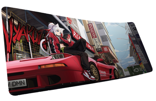 Renyan Mikan Spring NSX gaming desk mat with Mikan beside a red NSX in a Japanese street scene