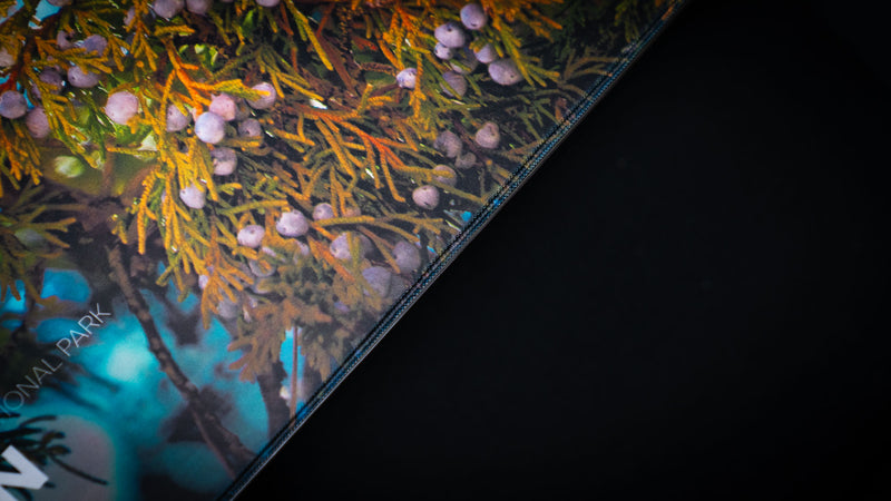 Close-up of the Robin wildlife deskmat highlighting the premium stitched edge, detailed juniper branches with berries, and high-definition print quality.
