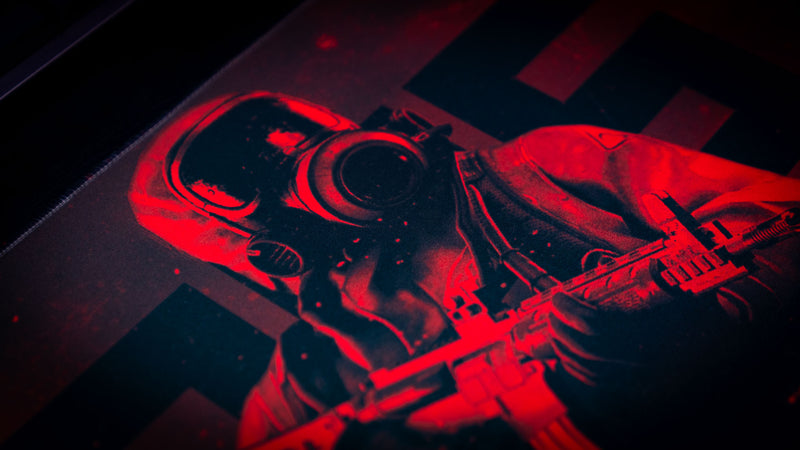 Close-up of the central scientist character on the Rust Scientist Trio deskmat, highlighting the detailed artwork, gas mask, and premium HD print quality.