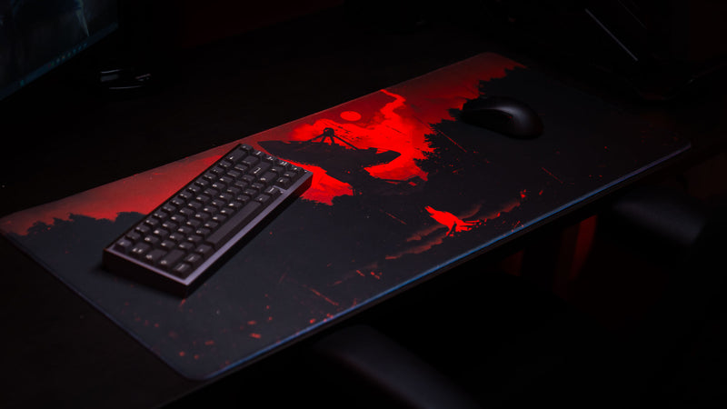 Rust Satellite Dish XXL gaming deskmat in a dark red and black setup featuring a massive satellite dish silhouette, forest landscape, and cinematic lighting.