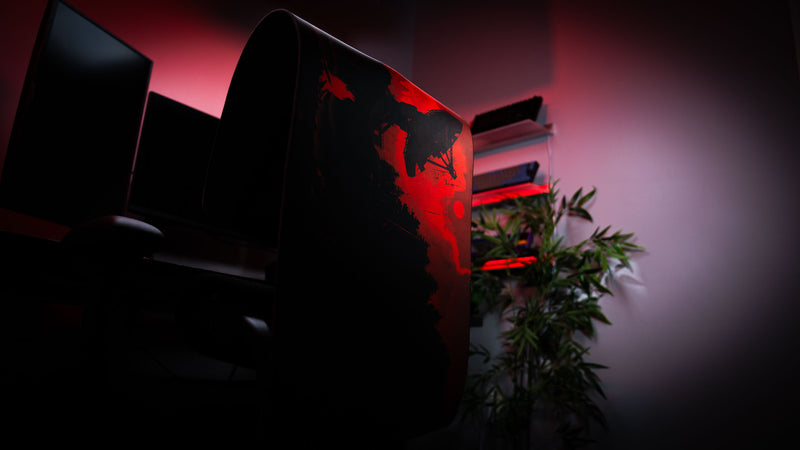 Vertical showcase of the Satellite Dish XXL deskmat featuring dark red Rust-inspired artwork with a satellite dish silhouette and atmospheric lighting.