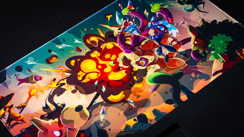 Close-up of the Sedi-mat playmat by Pokedex Studios featuring a vibrant fantasy battle scene with colorful characters, explosive effects, and premium stitched-edge construction.