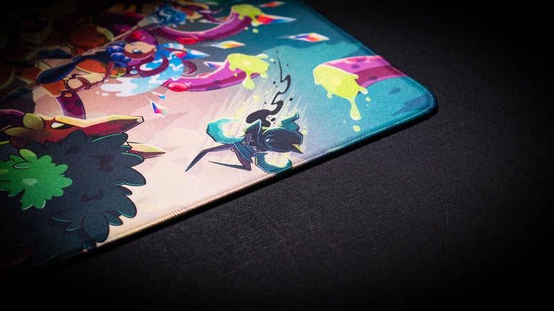Close-up of the Sedi-mat premium TCG playmat by Pokedex Studios highlighting detailed corner artwork, vibrant colors, and precision stitched edges.