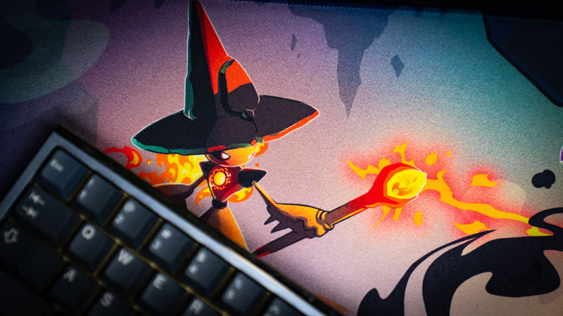 Close-up of the Sedi-mat deskmat by Pokedex Studios featuring a fire-wielding wizard casting a blazing spell, highlighting vibrant colors, premium print quality, and detailed fantasy artwork.