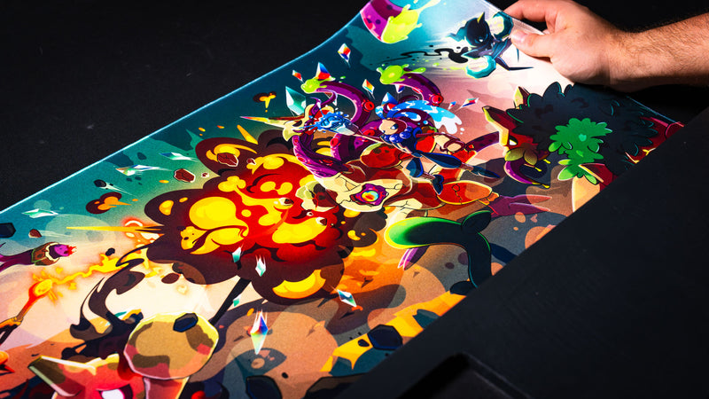 Close-up of the Sedi-mat premium TCG playmat by Pokedex Studios, highlighting vivid fantasy artwork, smooth cloth surface, and durable stitched-edge construction.