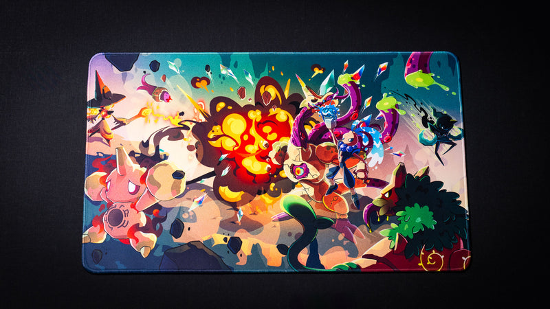 Sedi-mat premium TCG playmat by Pokedex Studios featuring colorful fantasy creatures in an explosive battle scene with a smooth tournament-ready playing surface.