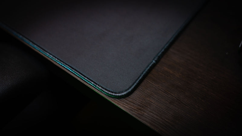 Close-up of the Shh Rust deskmat featuring premium stitched edges, smooth gaming surface, and durable construction designed for long-lasting performance.