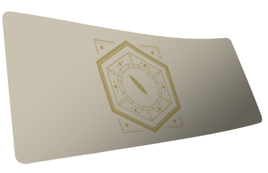 Sleep Token Feathered Host deskmat mockup with a gold feather sigil on an ivory mat