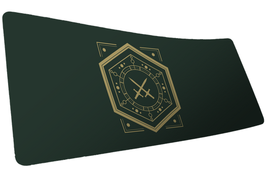Sleep Token House Veridian deskmat mockup with a gold crossed-swords sigil on deep green