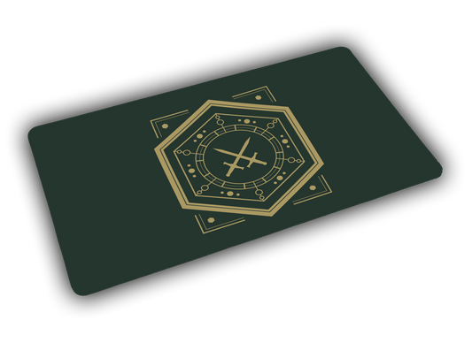 Angled mockup of the House Veridian Sleep Token playmat with a gold crossed-swords sigil on a deep green field