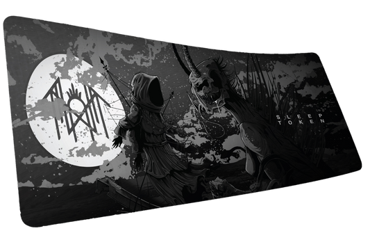Sleep Token The Battle deskmat mockup with a hooded figure facing a horned creature beneath a white moon