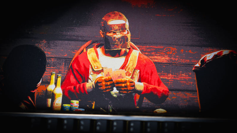Close-up of the Sleight of Hand Rust gaming deskmat featuring a masked survivor holding poker cards at a cabin poker table.