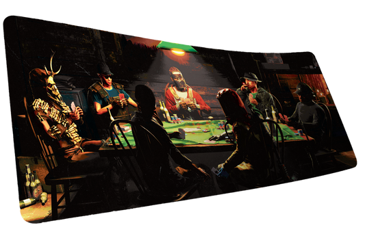 Sleight of Hand Rust gaming deskmat featuring survivors playing poker in a dimly lit cabin with detailed post-apocalyptic artwork and premium print quality.