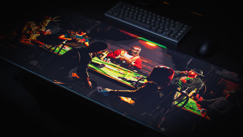 Angled view of the Sleight of Hand Rust gaming deskmat featuring survivors playing poker in a dimly lit cabin with cards, chips, and post-apocalyptic atmosphere.